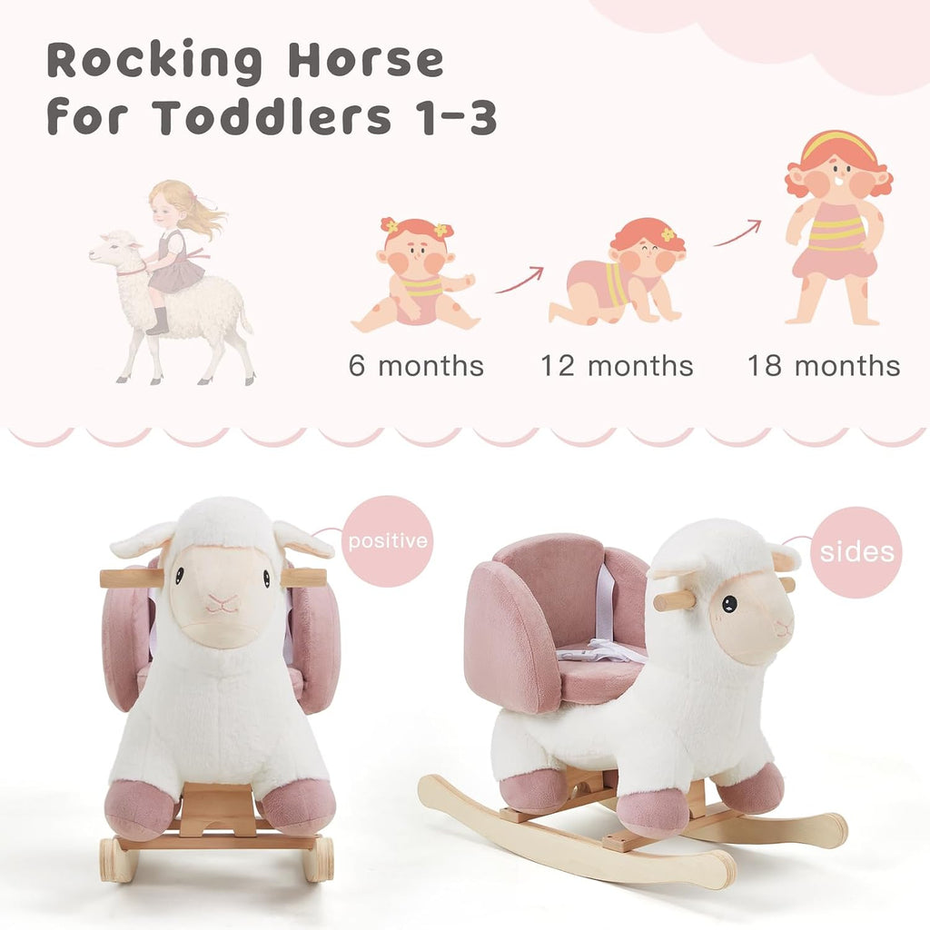 labebe - Baby Sheep Rocking Horse, Kids Plush Stuffed Rocking Animals, Ovis Aries Rocker with Seatbelt for 6 Months Babies, White Romney Rocking Horse for Toddler 1-3 Age Girl