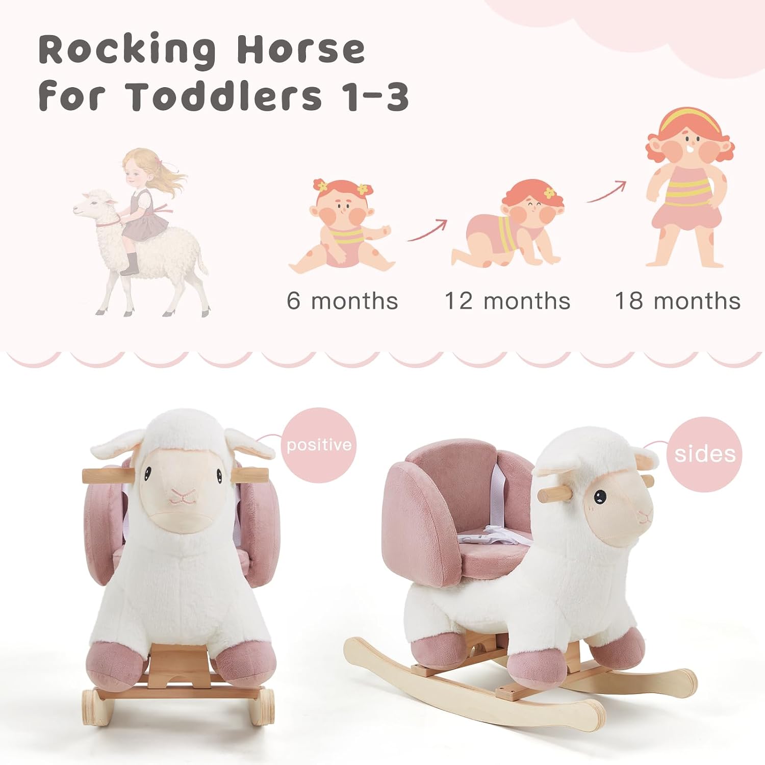 labebe - Baby Sheep Rocking Horse, Kids Plush Stuffed Rocking Animals, Ovis Aries Rocker with Seatbelt for 6 Months Babies, White Romney Rocking Horse for Toddler 1-3 Age Girl