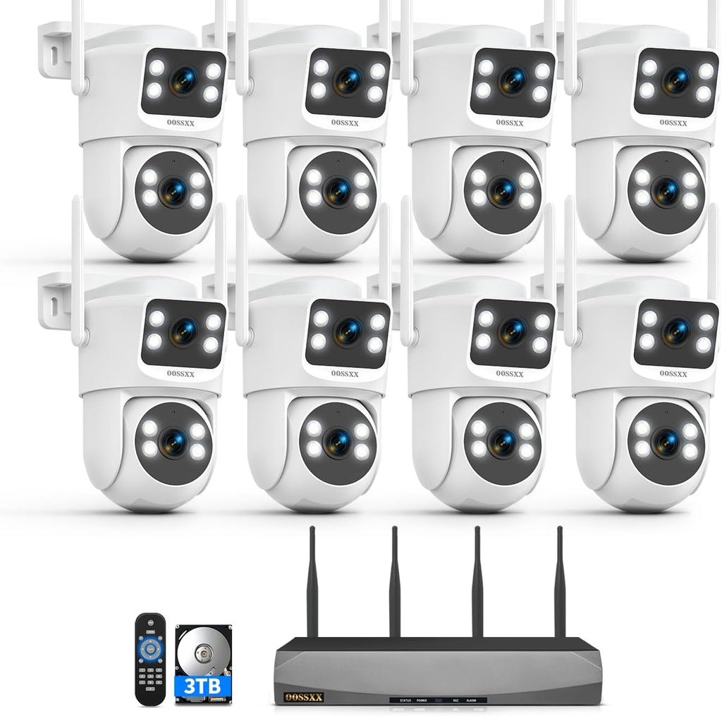 OOSSXX (2026 New) Dual Lens Wireless Security Camera System 4MP, 16CH WiFi NVR with 8 Cameras & 3TB HDD, Fixed + PTZ Pan Tilt, 130° Wide Angle, 2-Way Audio, No Monthly Fee