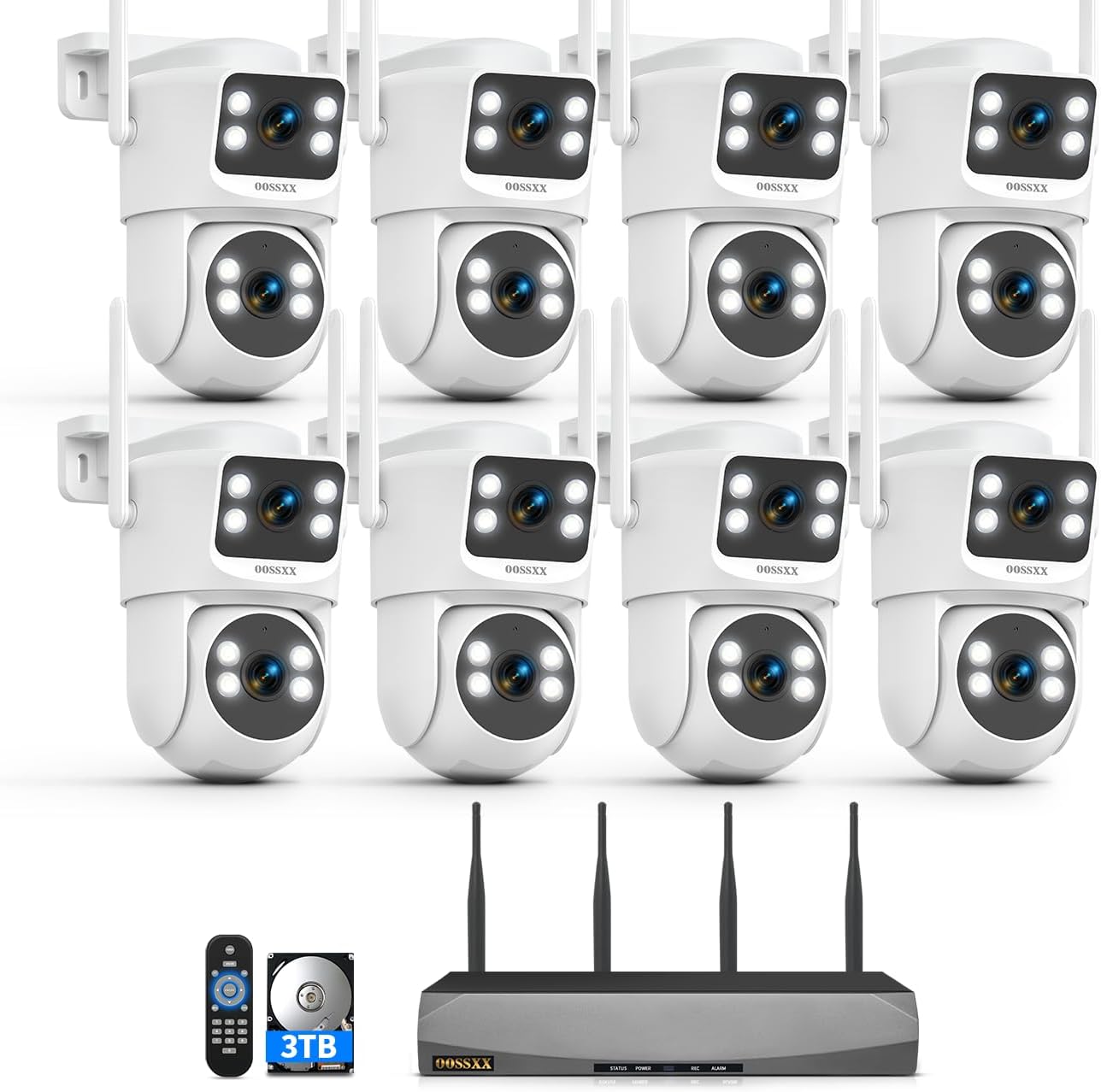 OOSSXX (2026 New) Dual Lens Wireless Security Camera System 4MP, 16CH WiFi NVR with 8 Cameras & 3TB HDD, Fixed + PTZ Pan Tilt, 130° Wide Angle, 2-Way Audio, No Monthly Fee