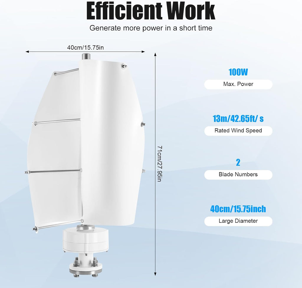 Vertical Axis Windmill Turbine Generator, 100W 12V Wind Turbine, 2 Blades Aluminum Alloy Permanent DN25 Flange IP67 Protection Magnet Generator Electromagnetism Controller, White