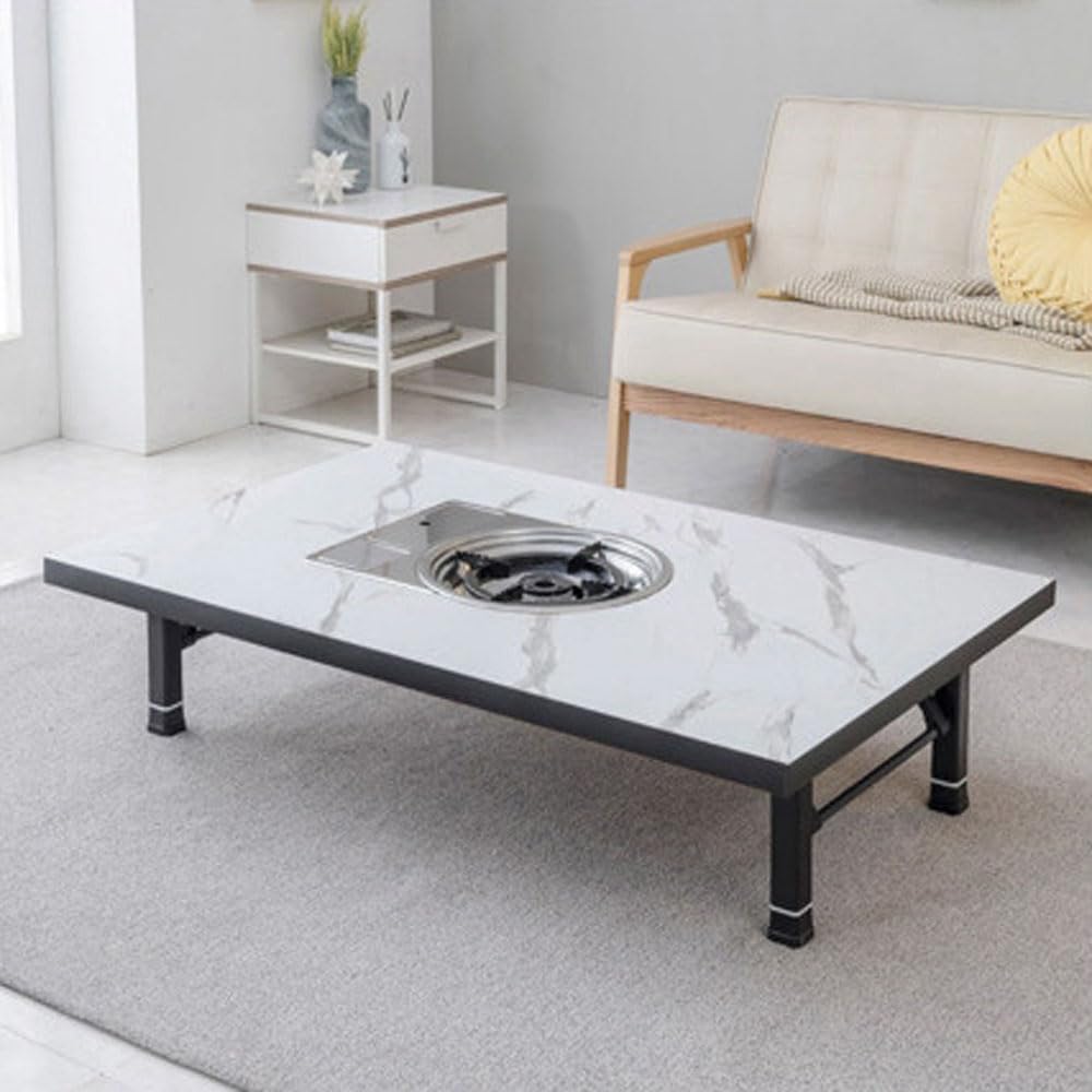 Korean BBQ Grill Table, Low Floor Folding Dining Table with Built-in Gas Stove, Portable Tatami Style for Indoor Cooking, Made in Korea (Marble, L Size)
