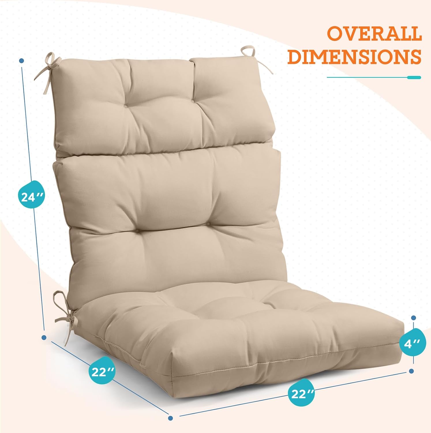 EAGLE PEAK Tufted Outdoor/Indoor High Back Patio Chair Cushions, Set of 2, 46'' x 22'', Beige