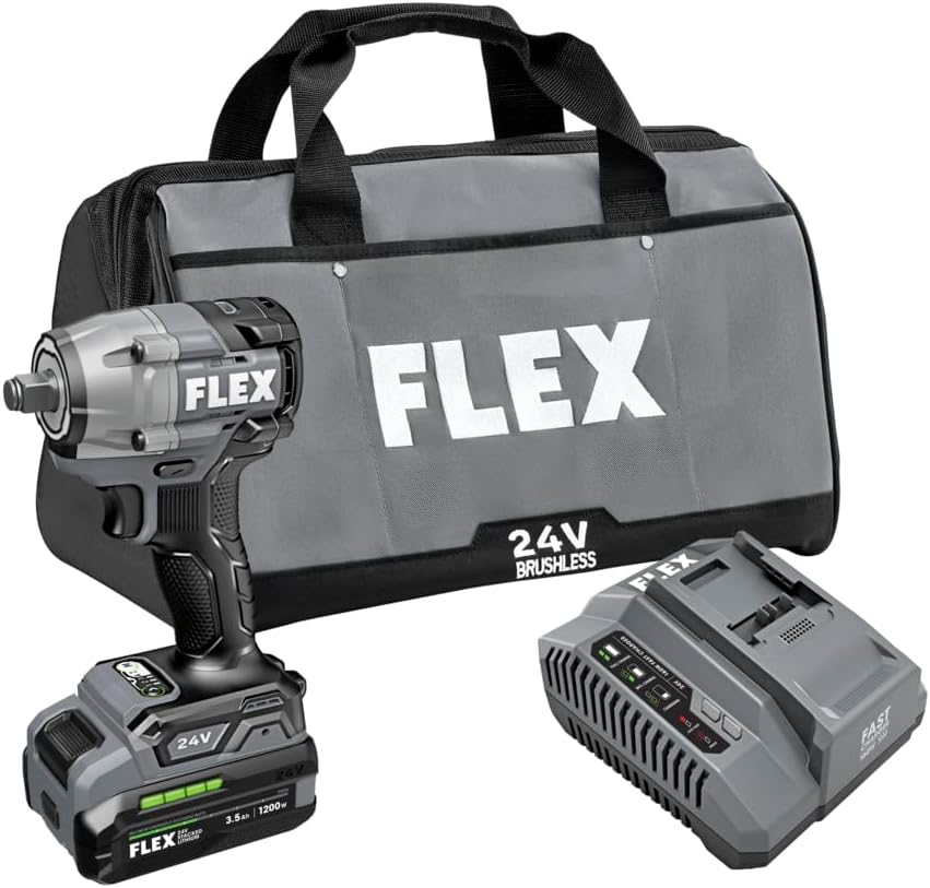 FLEX 24V Brushless Cordless 1/2-Inch 450 Ft-Lbs Torque Compact Impact Wrench Kit with 3.5Ah Stacked Lithium Battery and 160W Fast Charger - FX1431-1F