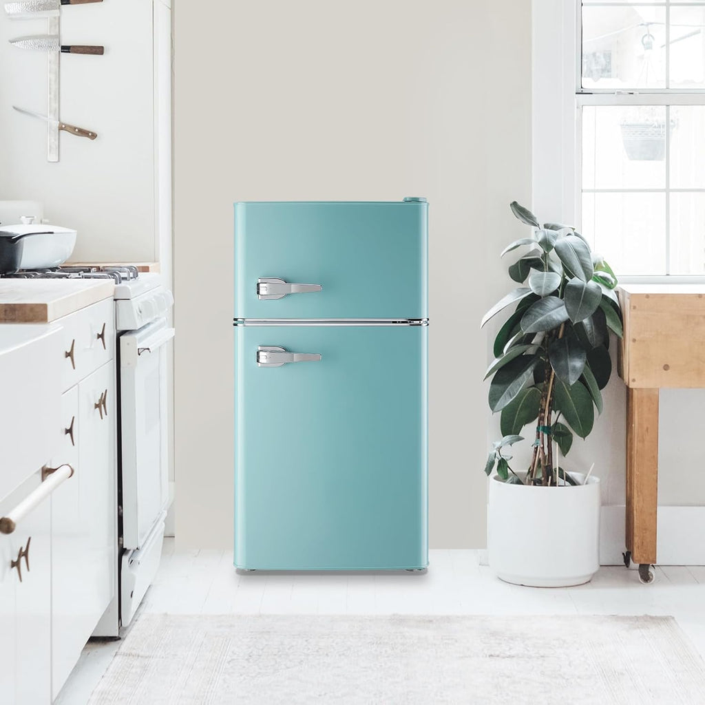 WANAI Compact Mini Refrigerator Small Refrigerator with Freezer, Retro Mini Fridge with Dual Door,7 Adjustable Thermostat, Adjustable Shelves For Dorm, Office Bedroom, Blue