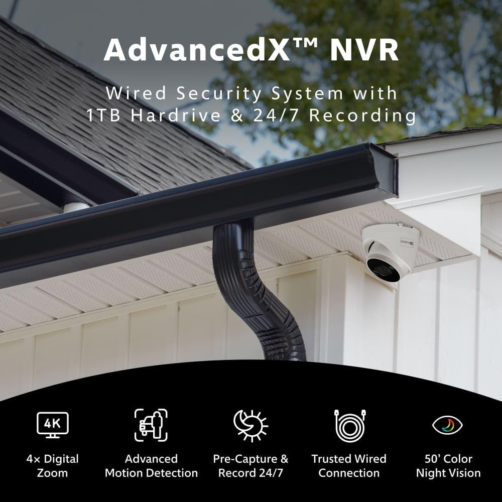 Swann AdvancedX™ Wired NVR 4K Security Camera System, 8 Channels, 4 PoE Dome Cameras Outdoor, 1TB HDD Storage, Color Night Vision, Smart AI Video Analytics/Alerts, Advanced Motion Detect