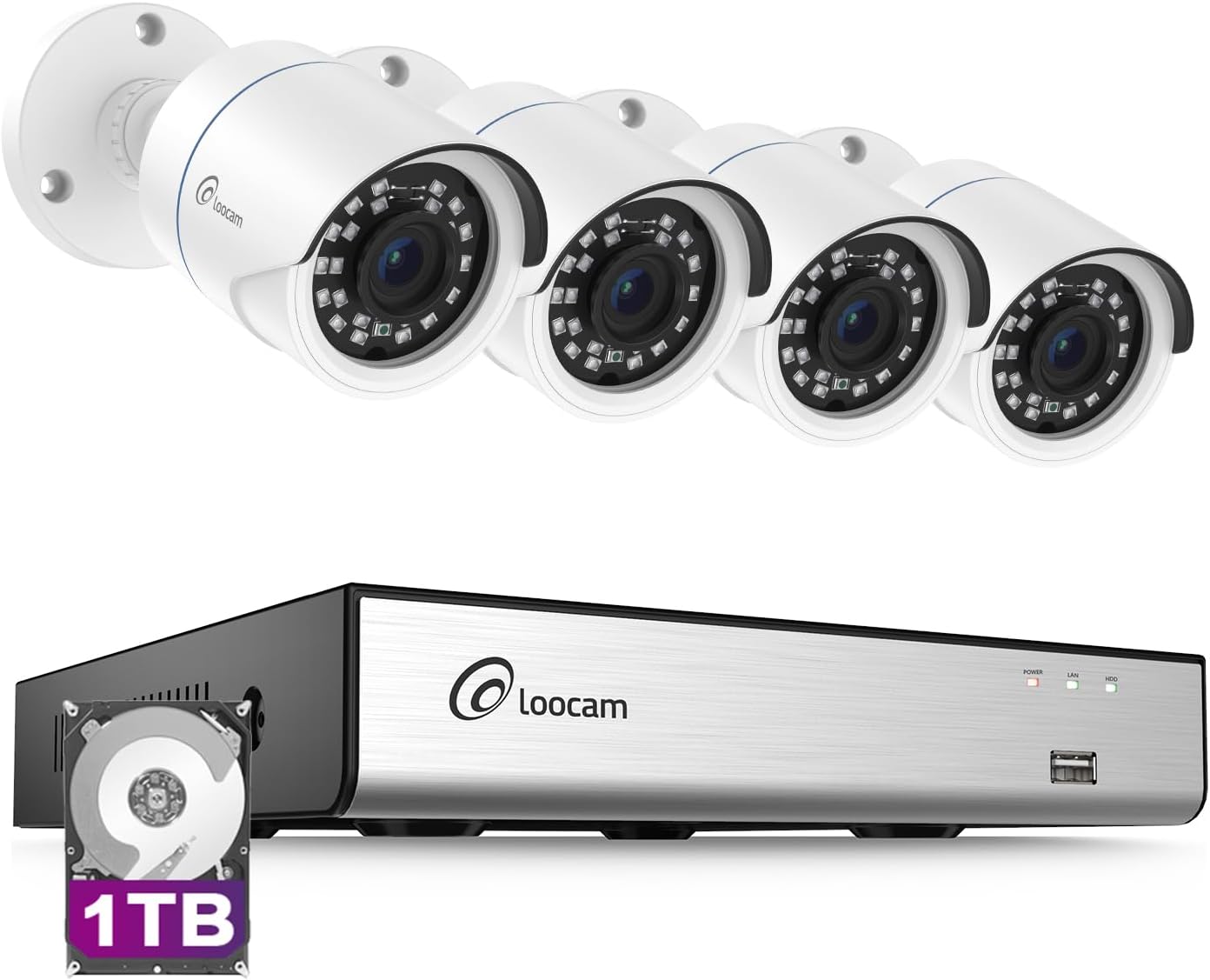 Loocam CCTV Camera Security System 1080p Indoor Outdoor, 24/7 Recording Security Camera System 8CH 4 Cams H.265+DVR with 1TB HDD, AI Human Vehicle Detection, Remote Access, App Email Alert