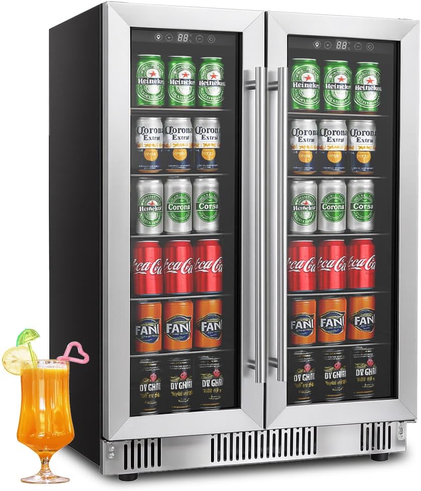 Stopasd Beverage Refrigerator, Dual Zone Beverage Cooler with Clear View Door, 21 Bottles and 88 Cans Large Capacity, Freestanding Drink Fridge with Adjustable Shelves & LED Light for Beer, Soda