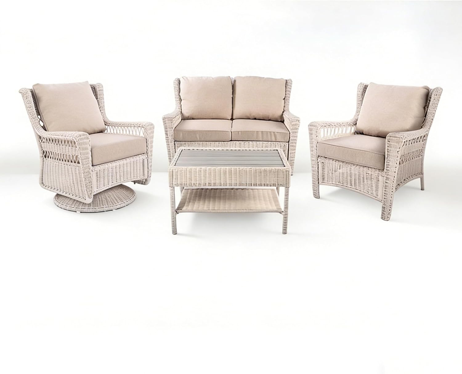 Park Meadow 4-Piece Patio Conversation Set, All-Weather Hand-Woven HDPE Rattan Furniture Set with Coffee Table for Garden Porch Lawn (Taupe Beige/Off-White)