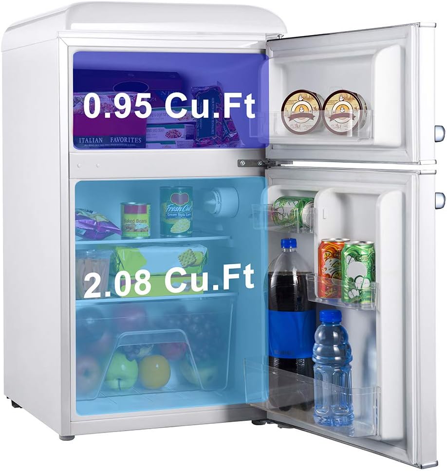 Galanz GLR31TWEER Retro Compact Refrigerator, Mini Fridge with Dual Doors, Adjustable Mechanical Thermostat with Freezer, White, 3.1 Cu FT