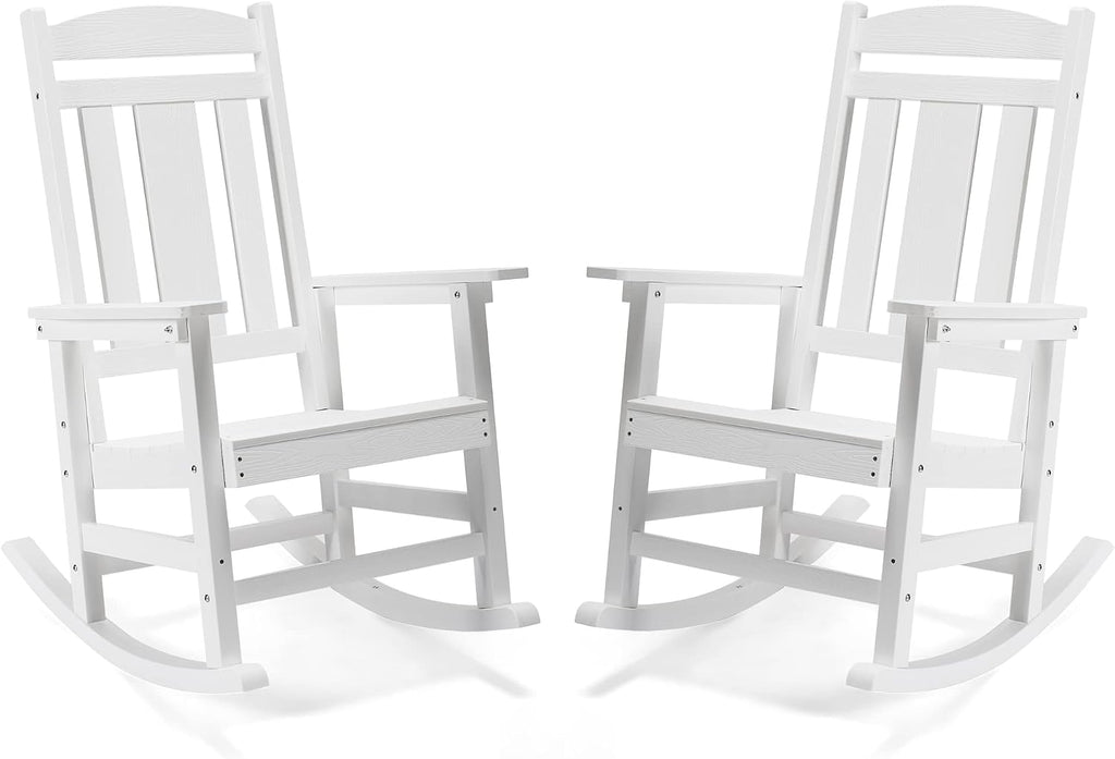 LUE BONA Outdoor Rocking Chairs Set of 4, Weather Resistant HDPS Poly Rocker Chairs, 350lb Heavy Duty, Oversized Porch Rocker for Adult, High Back Smooth Rocking Chairs for Outdoor & Indoor, White