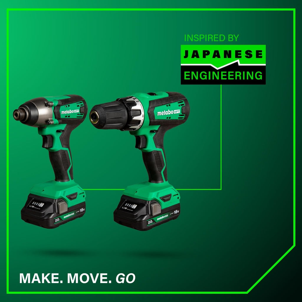Metabo HPT 18V MultiVolt Cordless Hammer Drill and Impact Driver Combo Kit, Cordless Power Tool Set with 2 Lithium-Ion Batteries and Charger, Lightweight and Ergonomic Design, Carrying Bag, KC18DFX