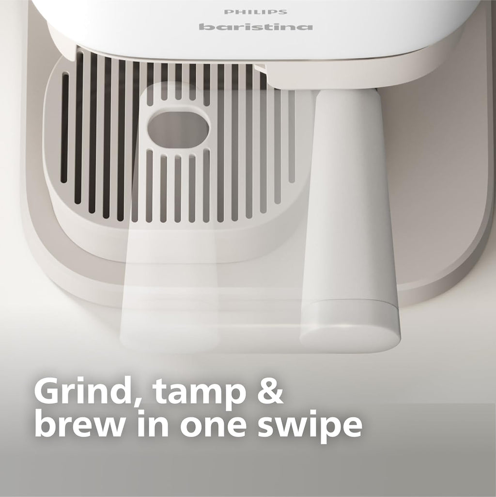 Philips Baristina Espresso Machine+Milk Frother Bundle. Real espresso. Compact coffee machine,portafilter, grinder, Cafe Crema. Dairy & Non-Dairy Milk foam. Hot & Cold. Easy Clean. White (BAR303/00)