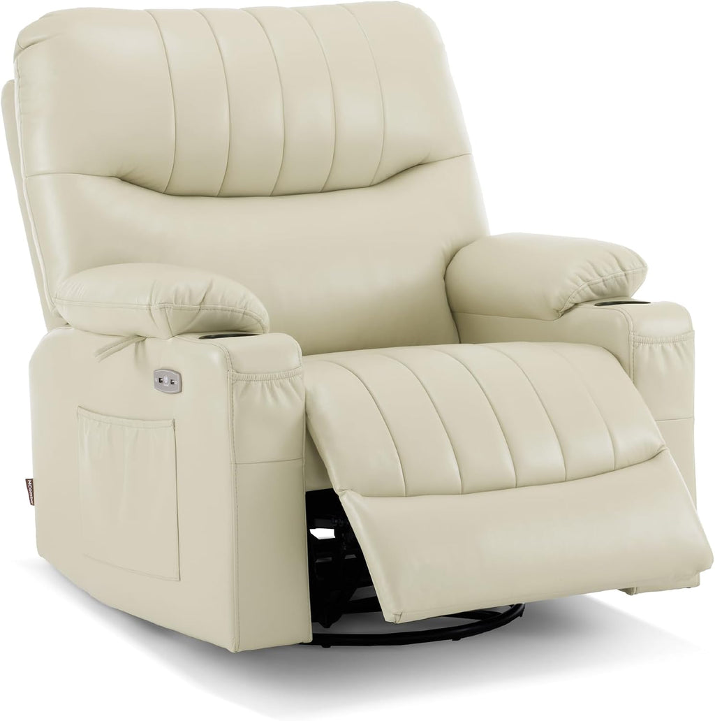 MCombo Oversized Swivel Glider Rocker Power Recliner Chair for Living Room with Heat and Vibration Massage, USB Ports, Cup Holders and Pockets, Faux Leather 7785 (Milk White)