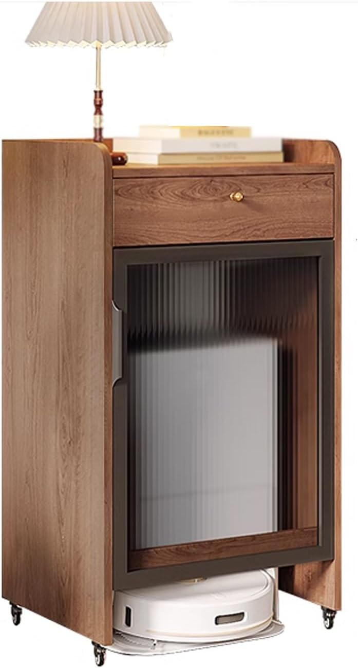 Small Storage Cabinet with Wheels for Robot Vacuum and Mop Self Emptying, Wooden Side Table Bedroom End Table for Robot Vacuum's Nest House for Living Room(Brown,55 * 50 * 96cm)