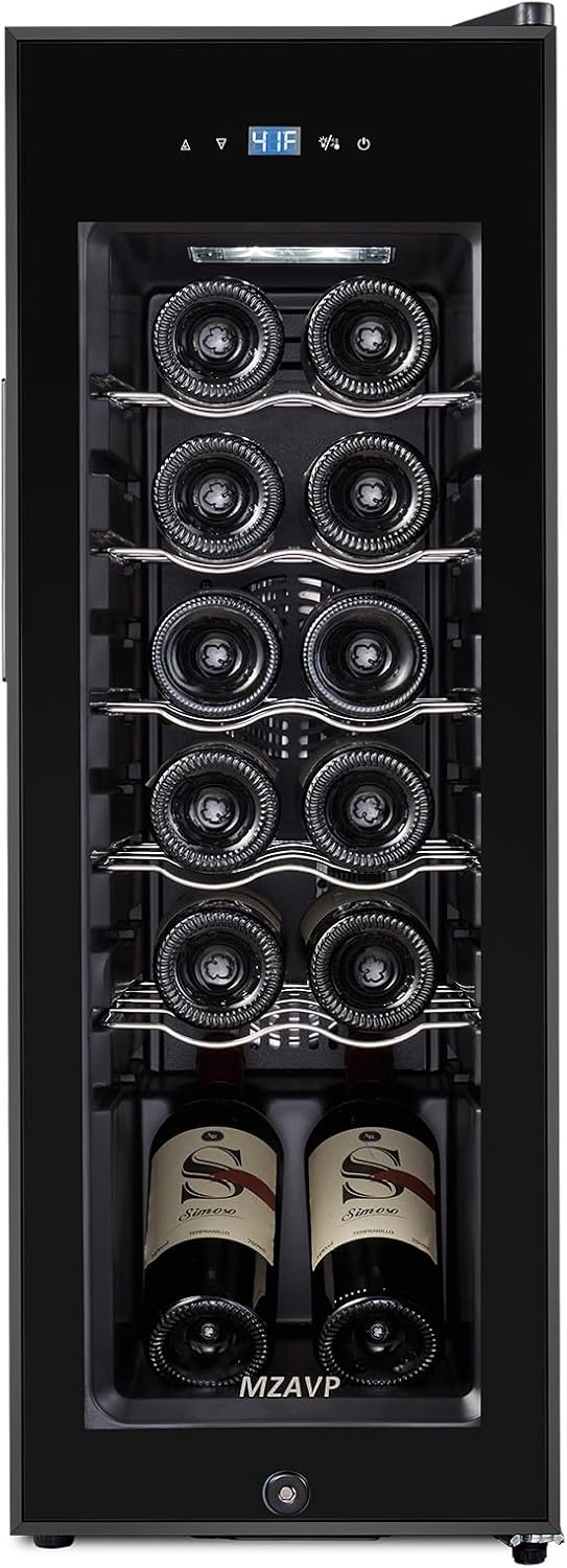 Mini Wine Fridge, 12 Bottle Compressor Wine Cooler Refrigerator, Freestanding Wine Cellar For Red&White Wine, Digital Temperature Control, Removable Shelves, Glass Door