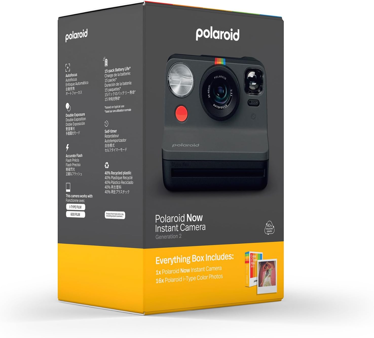 Polaroid Now 2nd Generation I-Type Instant Camera + Film Bundle - Now Black Camera + 16 Color Photos (6248)- Black