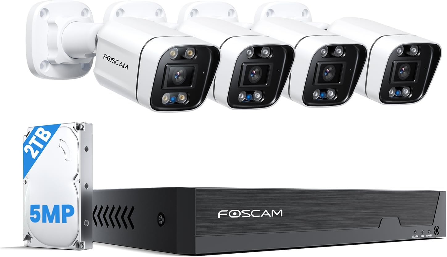 FOSCAM 3K 5MP Home Security Camera System, 8 Channel NVR with 4pcs Wired PoE IP Cameras Outdoor, 20X Digital Zoom and Smart Human/Vehicle Detection, Color Night Vision, 2-Way Audio, Come with 2TB HDD