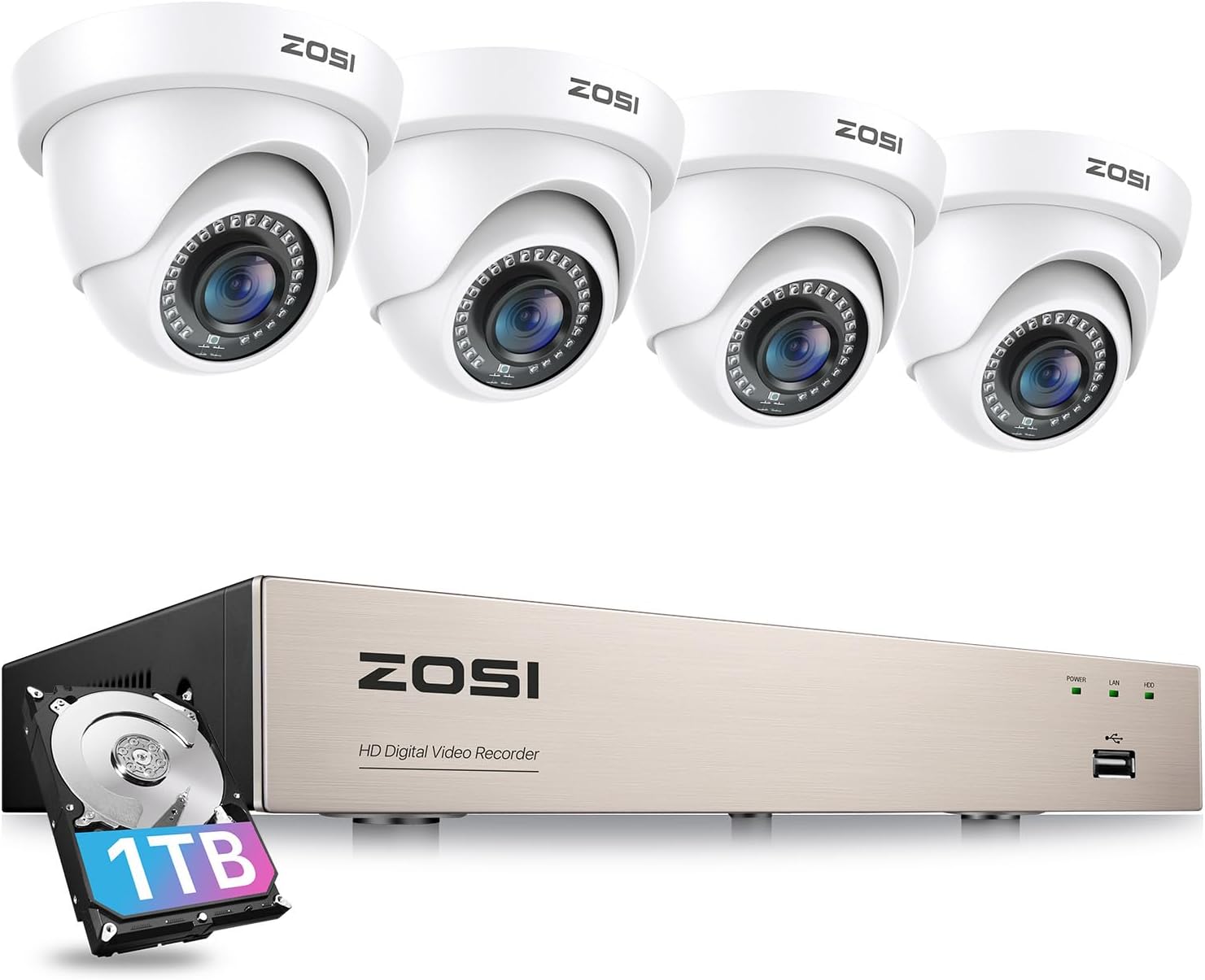 ZOSI H.265+ 8CH 5MP Lite DVR Kit with 1TB Hard Drive and 4 Outdoor Cameras, Motion Detection & Instant Alerts, Remote Access
