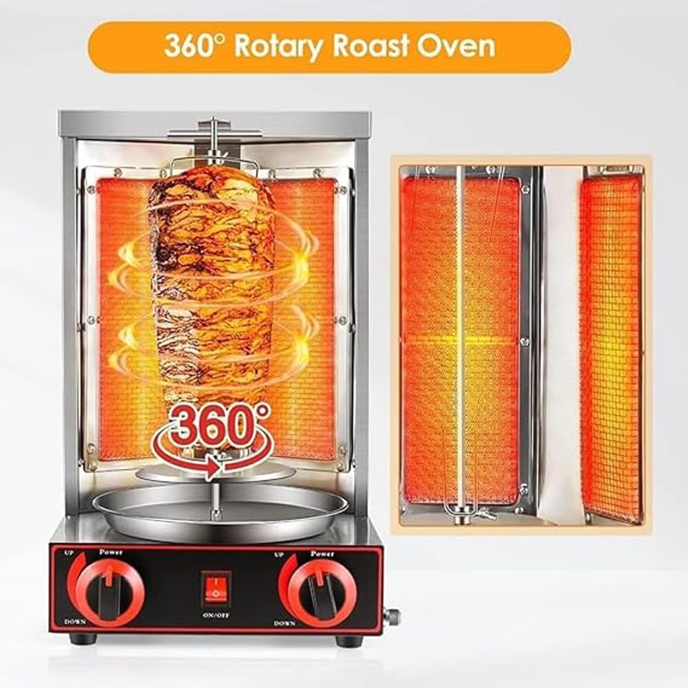 Commercial Vertical BBQ Shawarma Machine, 360° Rotating Automatic Propane Broiler with 2 Burners, Rotisserie Oven Doner Kebab Grill Machine, Adjustable Temperature,for Restaurant Home Kitchen Use