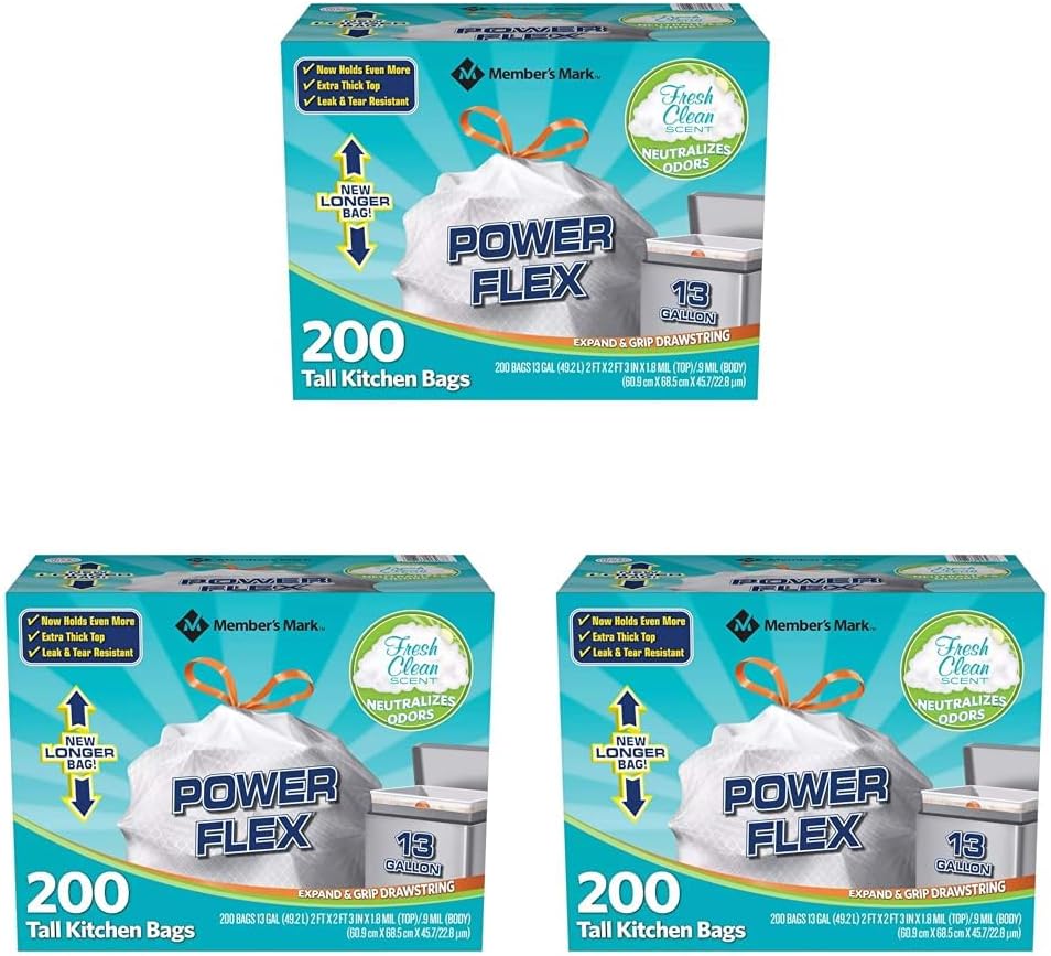 Members Mark 13 Gal Power Flex, Leak Protection, Tall Kitchen Simple Fit Drawstring Bags (3 Pack, Fresh Clean Scent), 1count