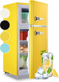 WANAI 3.5 Cu.ft Small Refrigerators Retro Mini Fridge with Freezer Yellow Full-sized Fridge Dual Door Dual Handle Classic Removable Glass Shelves Adjustable Thermostat for Home Office Dorm RV