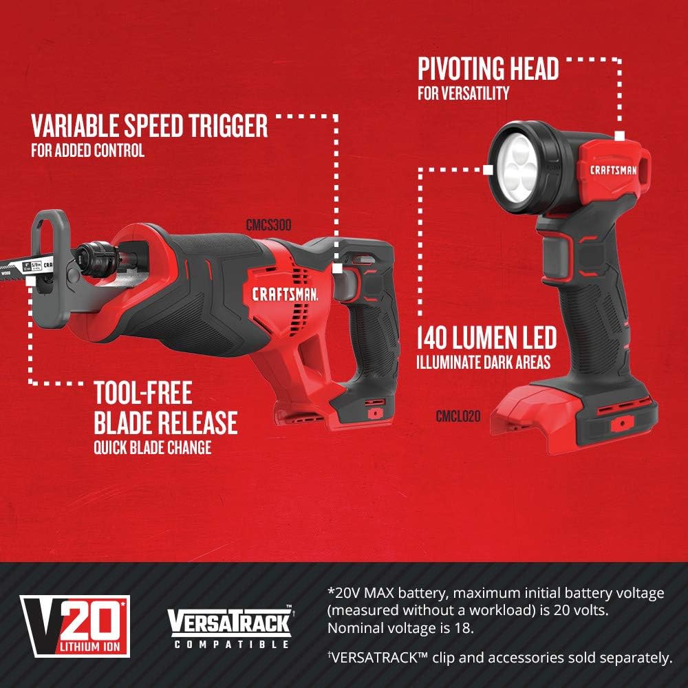 Craftsman CMCK400D2R 20V Lithium-Ion Cordless 4-Tool Combo Kit (2 Ah) (Renewed)