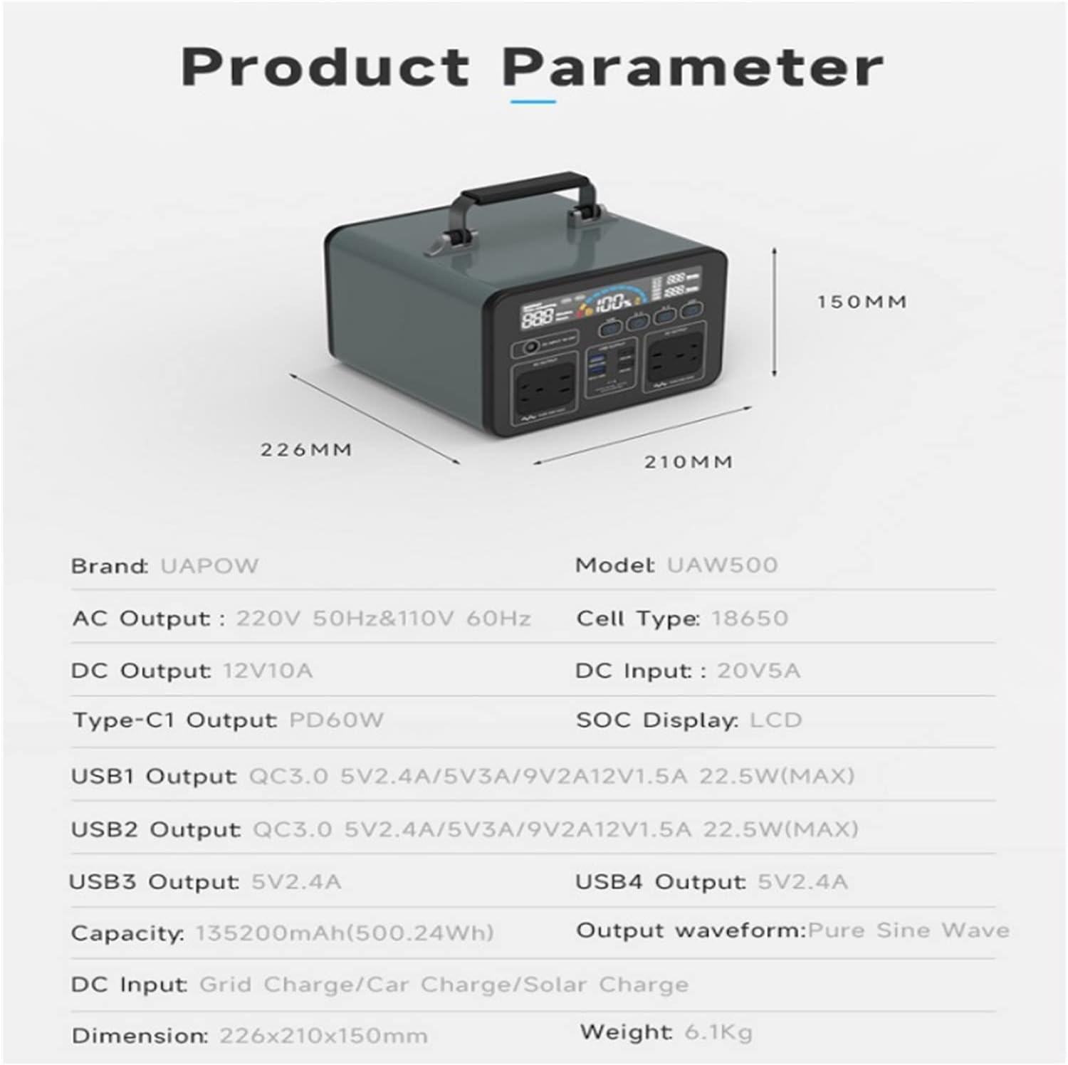 HighPower Charging Bank Portable Station 500W 1000W Solar AC Energy Storage Power Supply Outdoor Camping Outlet (Color : UAW1000)