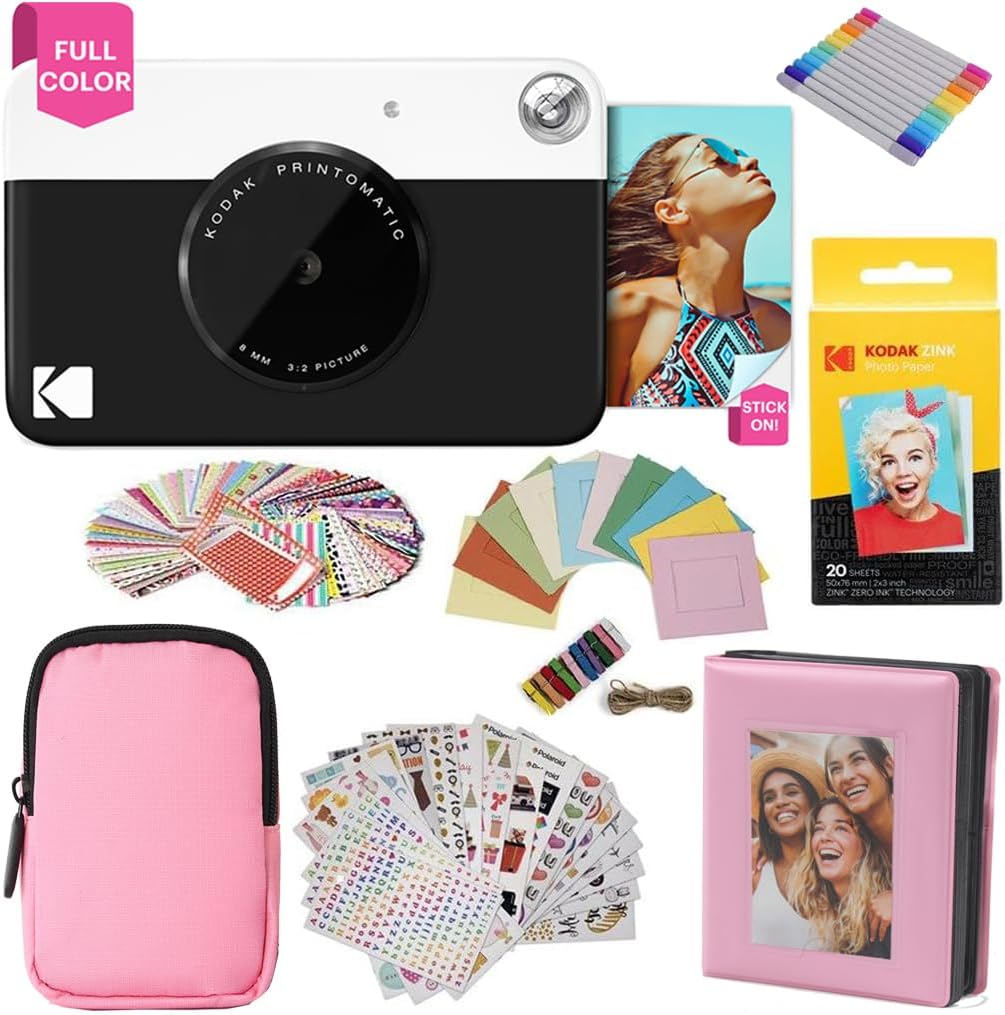 Kodak Printomatic Full-Color Instant Print Camera Gift Bundle + Soft Case + Zink 2x3 Sticky Back Photo Paper 20pk + Album + Sticker Sets + Sticker Frames + Hanging Frames + Markers, Fun Gift - Black