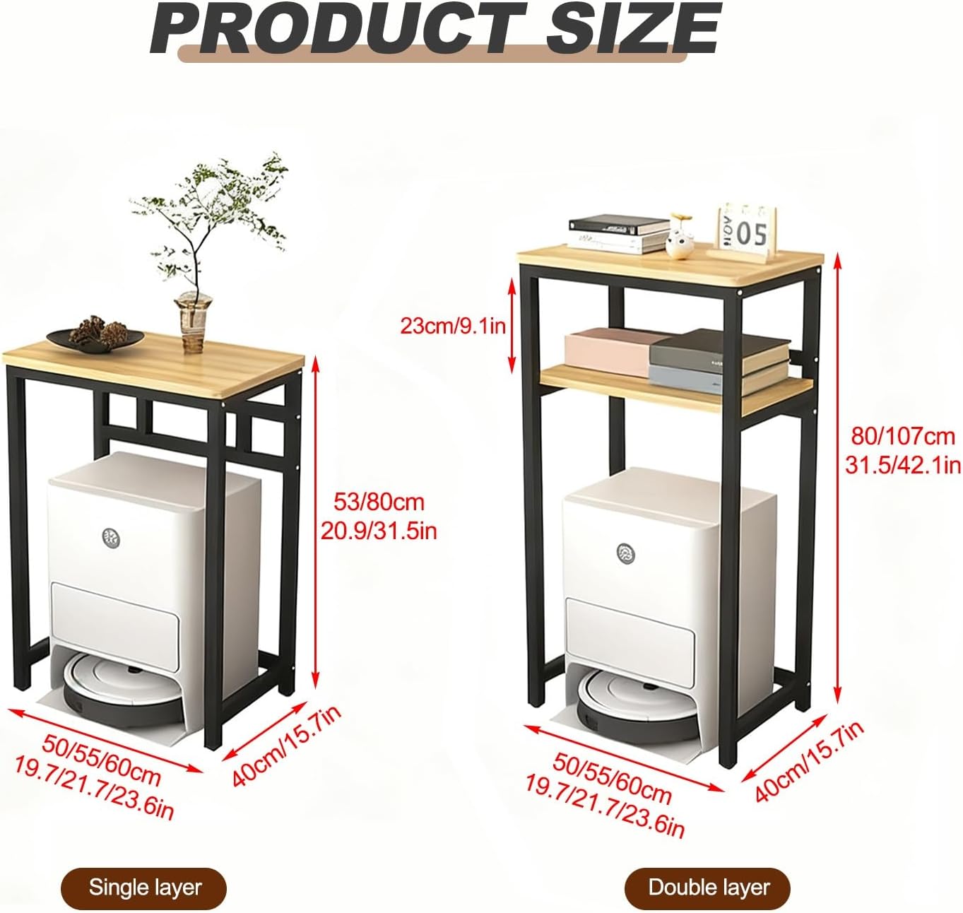 HARELA Sweeping Robot Storage Rack, Robot Vacuum Stand Cabinet with Open Base Self-Emptying Sweeper Machine Cabinet, Side Table for Living Room, Home Office(Black C,50x80cm/19.7x31.5in)