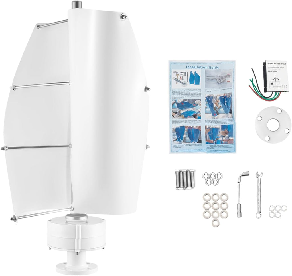 Vertical Axis Windmill Turbine Generator, 100W 12V Wind Turbine, 2 Blades Aluminum Alloy Permanent DN25 Flange IP67 Protection Magnet Generator Electromagnetism Controller, White