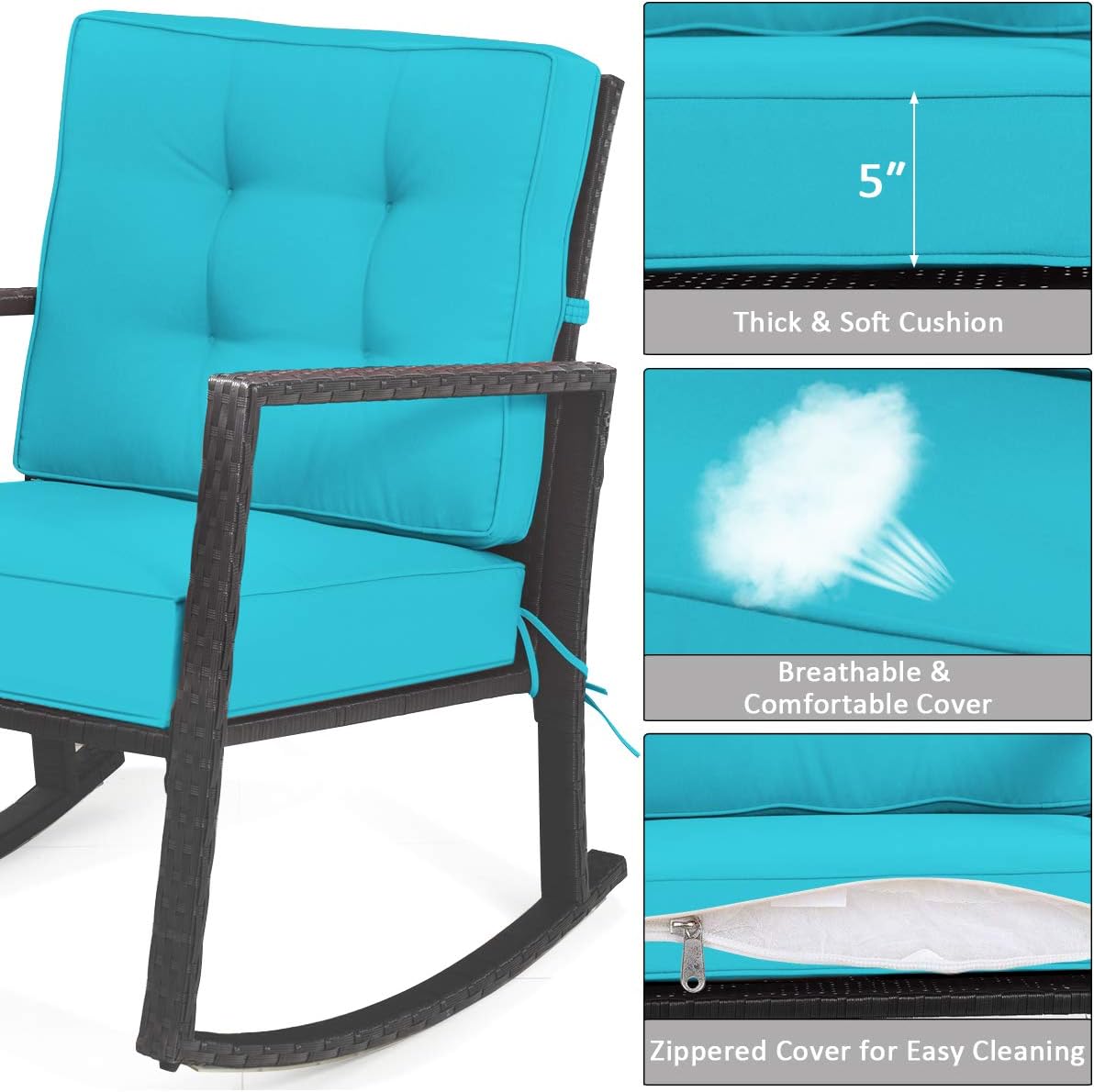 HAPPYGRILL Wicker Rocking Chair, Outdoor Patio Glider Chair with Heavy-Duty Frame, Thick Cushion, Rattan Rocking Chair for Backyard Garden Porch