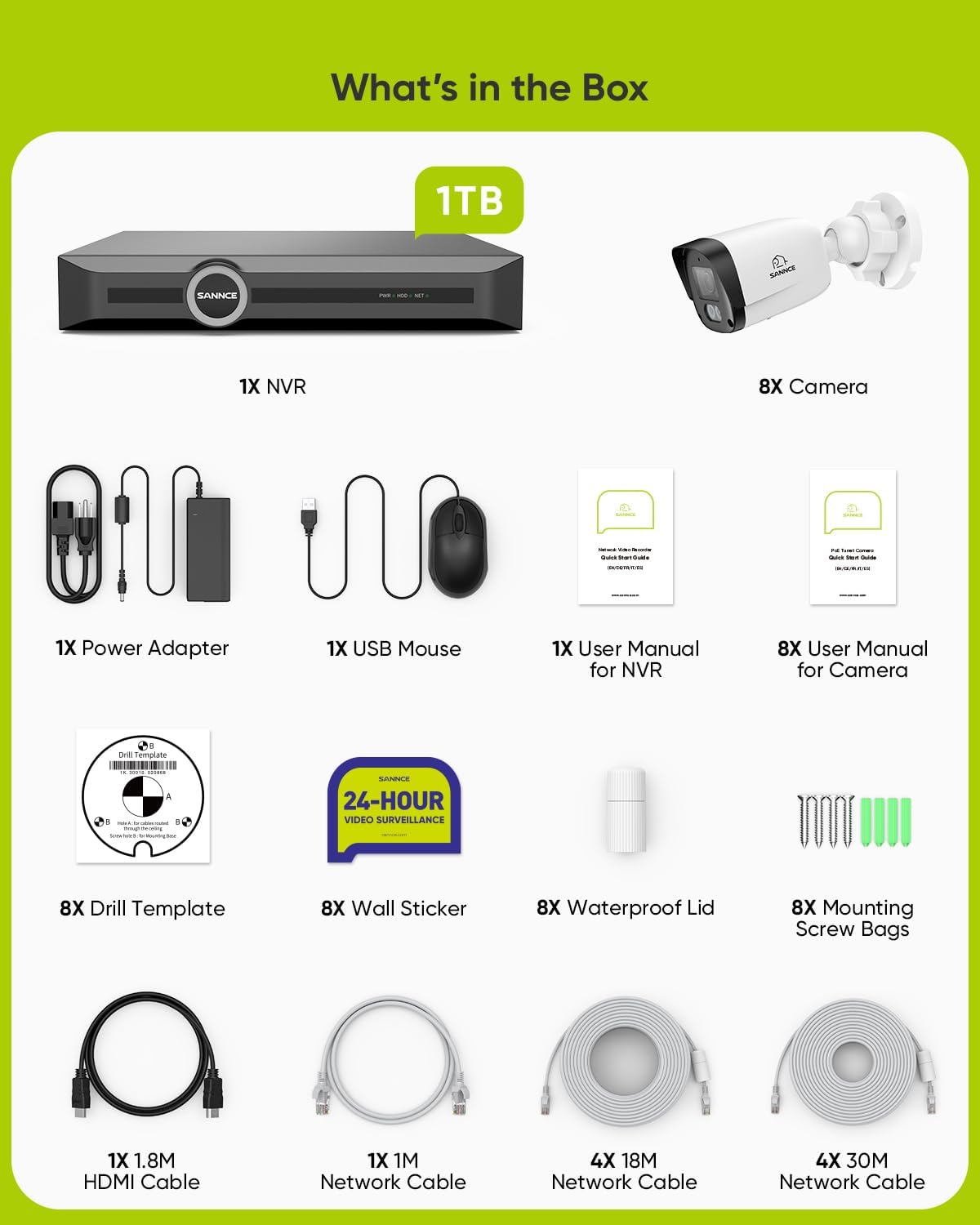 SANNCE 8CH 6MP Surveillance PoE NVR System with 8PCS 2K 3MP HD IP Cameras with H.265 Video Compression, Smart IR LED, APP Push Alert, Remote Access (with 1TB HDD)
