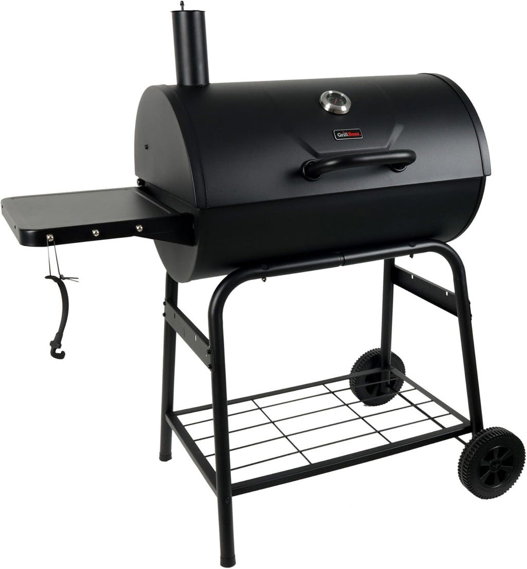 Grill Boss 30 Inch Barrel Charcoal Grill with Adjustable Grate, Large Cooking Area, Built In Temperature Gauge, and Durable Cast Iron Grates, Black