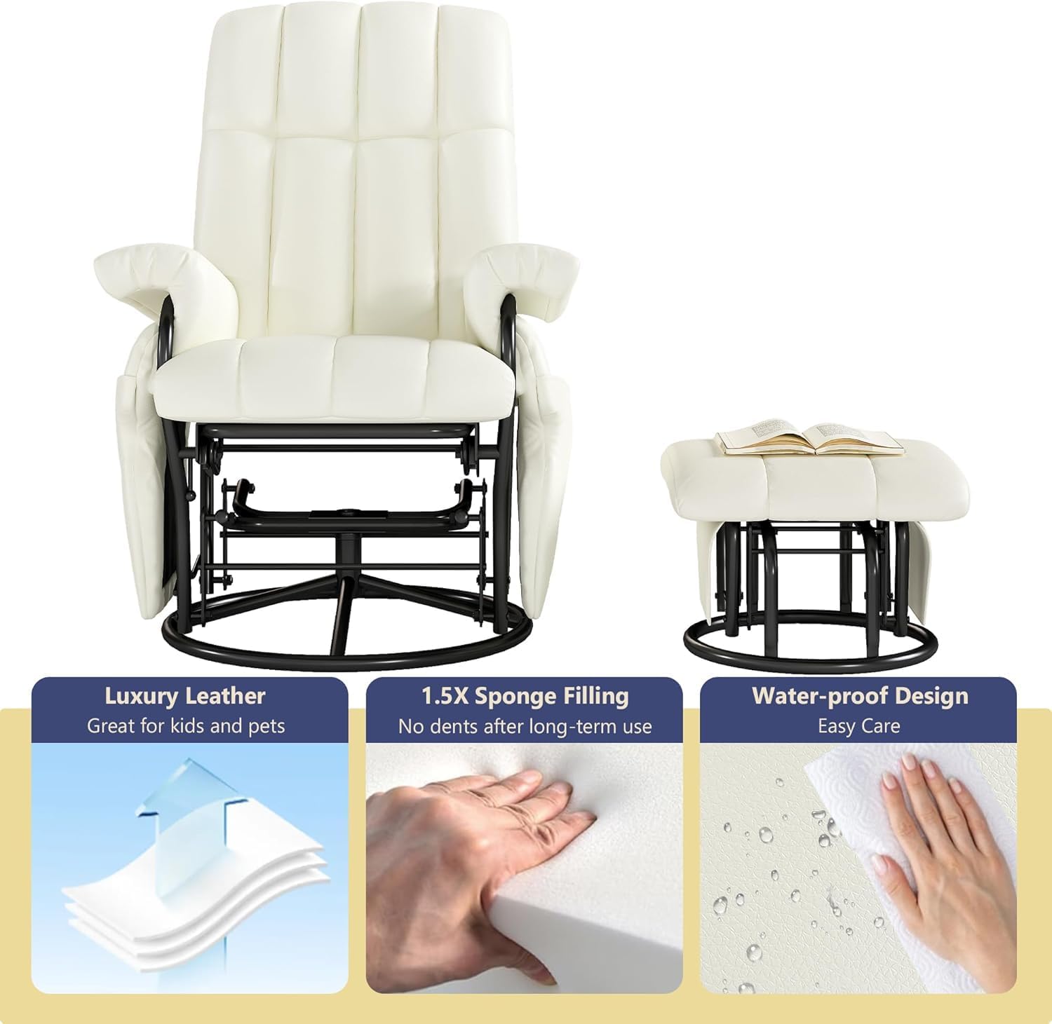 AODAILIHB 360° Swivel Glider Recliner with Ottoman, Nursing Glider Rocking Chair with Foot Rest & 2 Side Pockets for Nursery, Living Room, Bedroom, Office, White