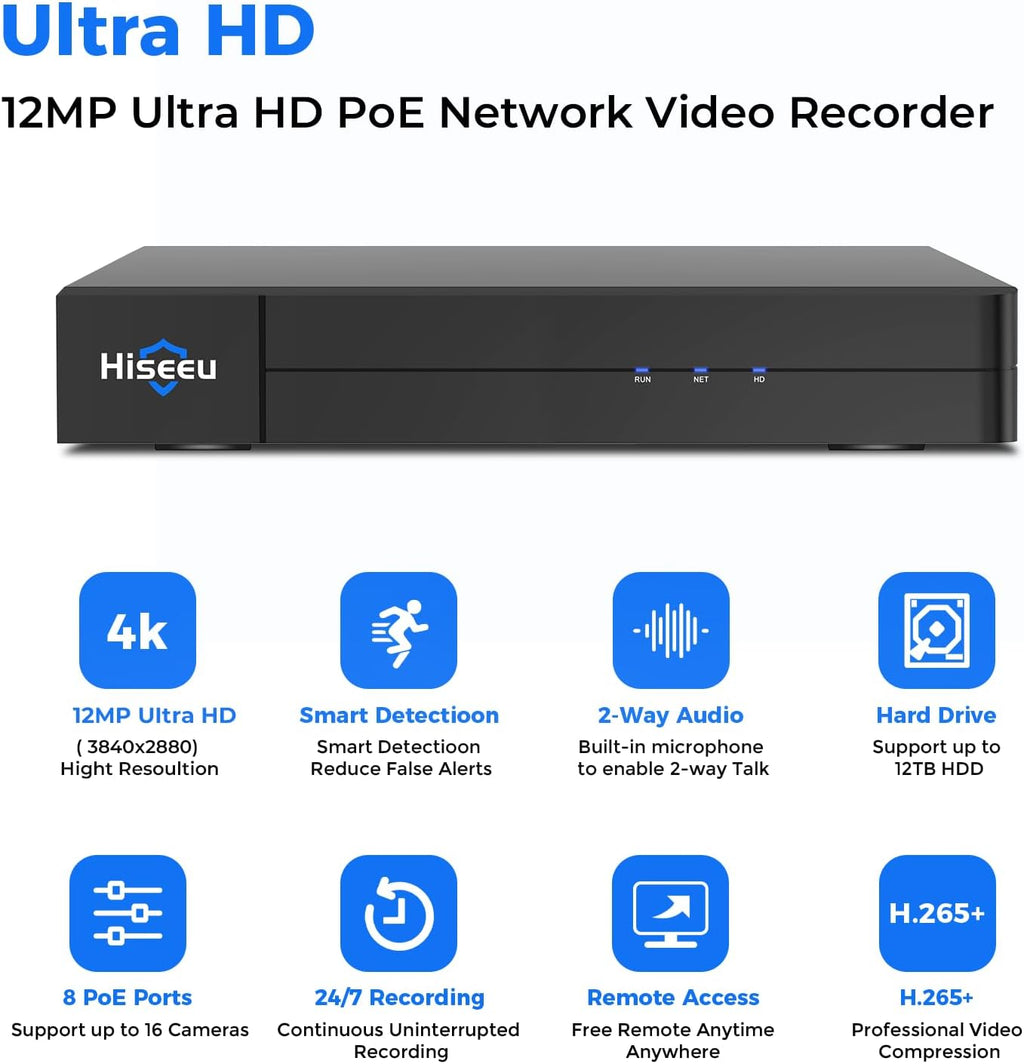 [12MP + 16CH Extendable] Hiseeu 12MP PoE NVR Network Video Recorder, Work with 12MP/8MP/5MP/4MP/3MP/1080P PoE Camera, Motion Detect, 24/7 Recording, Smart Playback, No Hard Drive