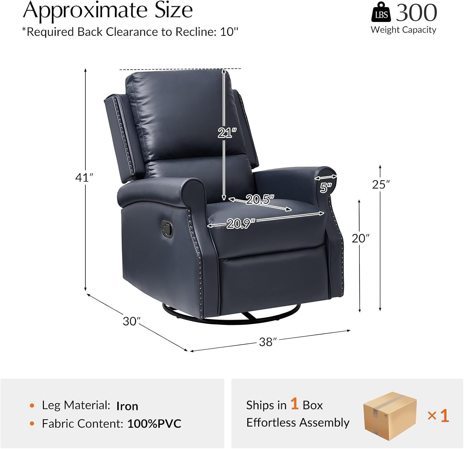 HULALA HOME Faux Leather Swivel Rocker Recliner with Adjustable Backrest and Footrest, Push Back Recliner Chair with Nailhead Trim, 360° Swivel Glider Rocking Chair for Living Room Bedroom, Navy