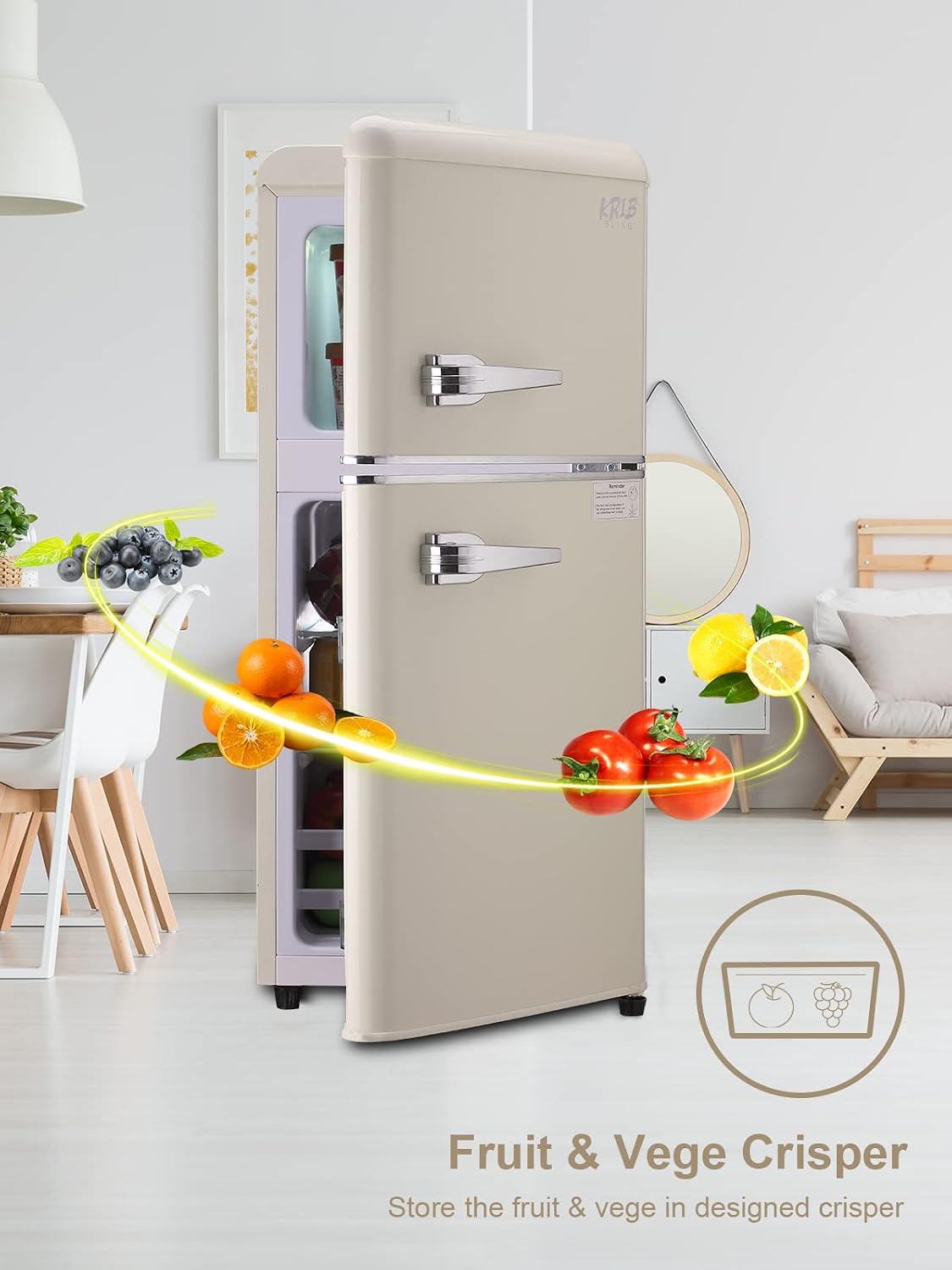 KRIB BLING 3.5 Cu.Ft Compact Refrigerator Mini Fridge with Freezer 7 Level Adjustable Thermostat Removable Shelves Small Refrigerator for Office Dorm Apartment Cream