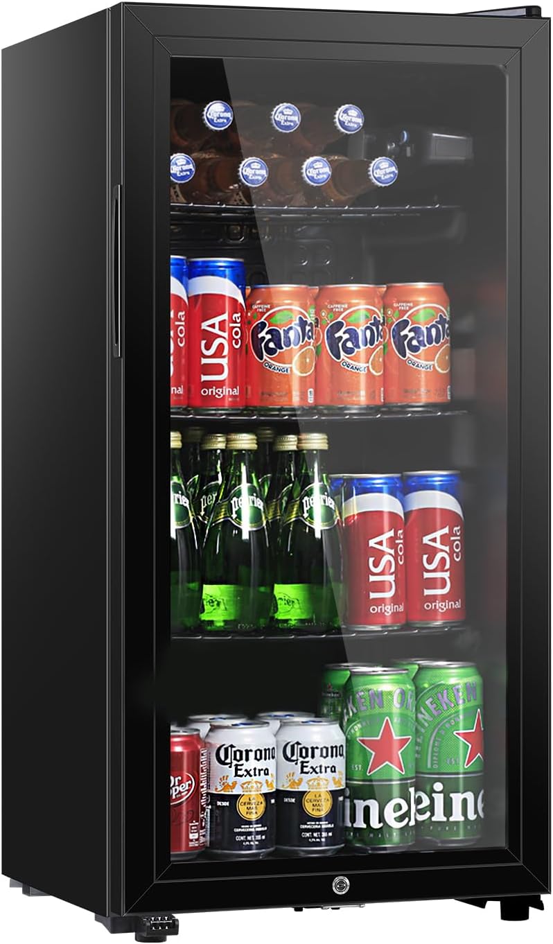 HAILANG Beverage Refrigerator, 3.2 Cu. Ft, Mini Fridge with Glass Door for Soda Beer, Freestanding Beverage Cooler for Office, Bar, Adjustable Shelving&Adjustable Foot
