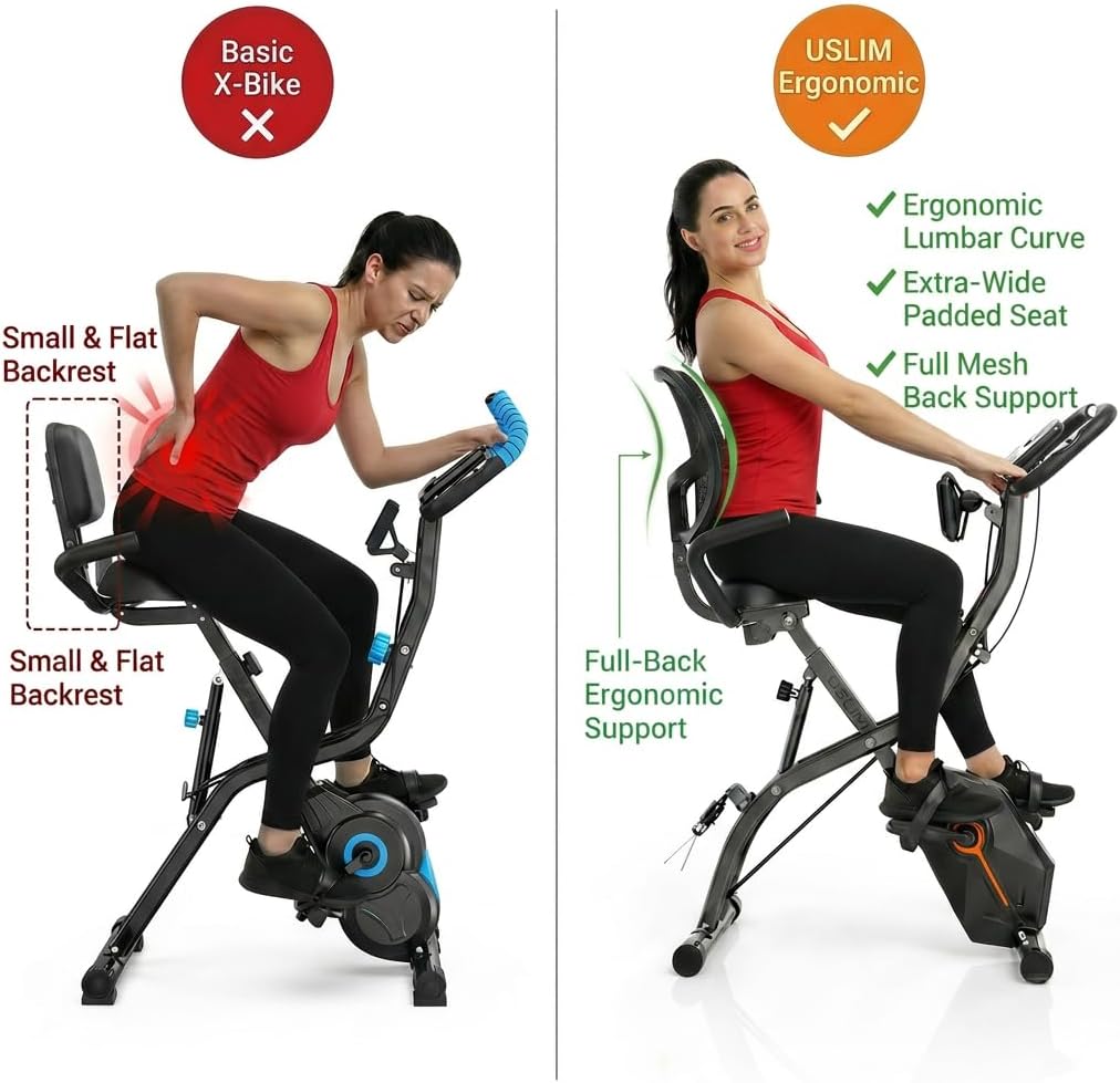 USLIM Foldable Exercise Bike Stationary Bikes for Home, 5 IN 1 Indoor Workout Bike, Cycling Bike with 16-Level Quiet Magnetic Resistance, 6.6 LBS Flywheel and 300LBS Capacity for Senior and Home Workout