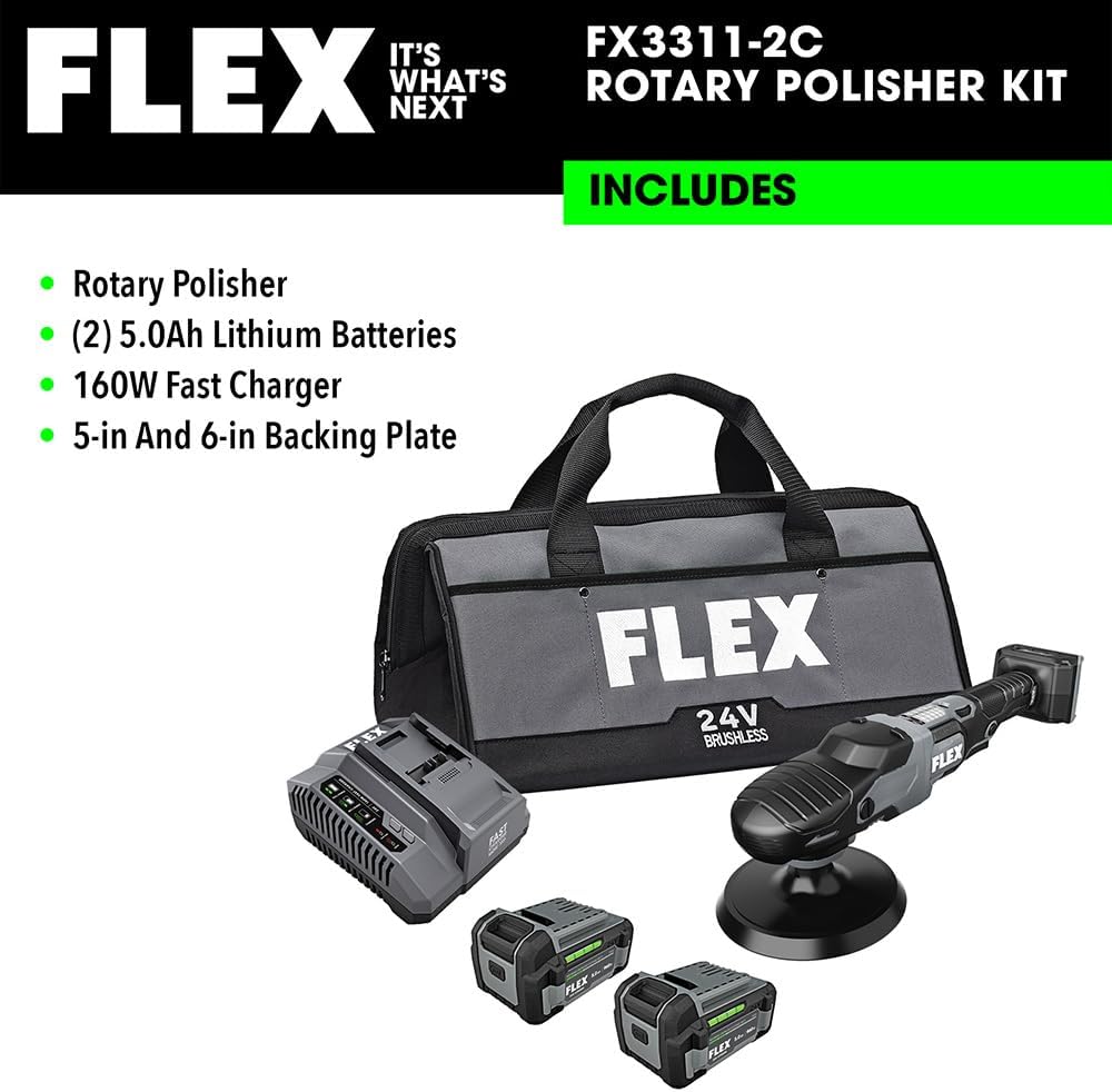 FLEX 24V Brushless Cordless Rotary Polisher Kit, Variable Speed, 6-Inch, Ideal for Detailing, Body Shop & Repair, w/ (2) 5.0Ah Lithium Batteries & 160W Fast Charger - FX3311-2C