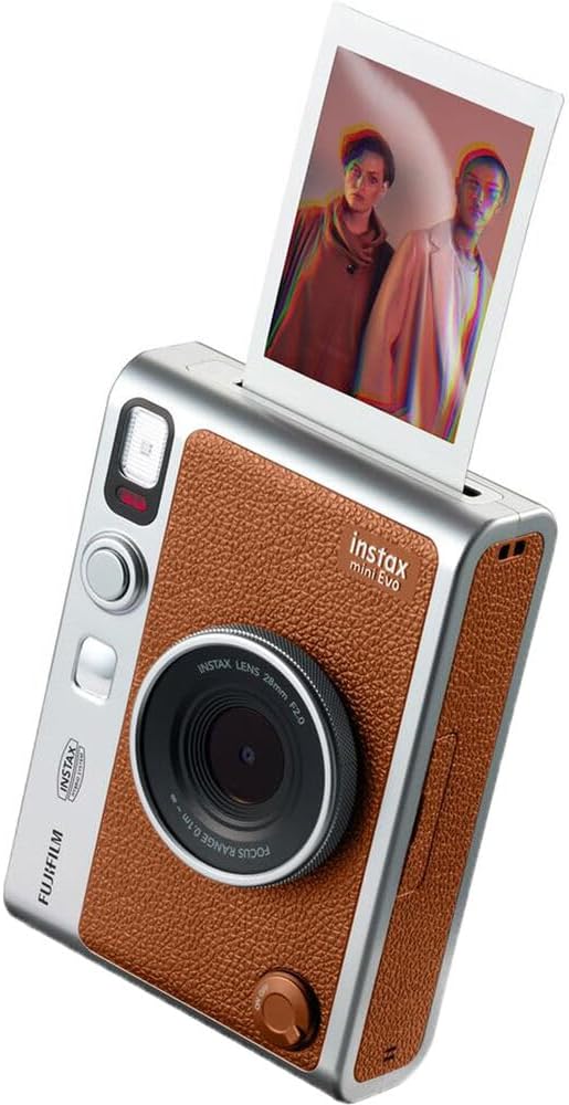 FUJIFILM INSTAX MINI EVO Hybrid Instant Camera (Brown) Bundle with Fuji Instax-Mini-Instant Film Value Pack (40 Sheets) + 32GB Memory Card + Carrying Case + Photo Album 64 Pockets + Cleaning Cloth