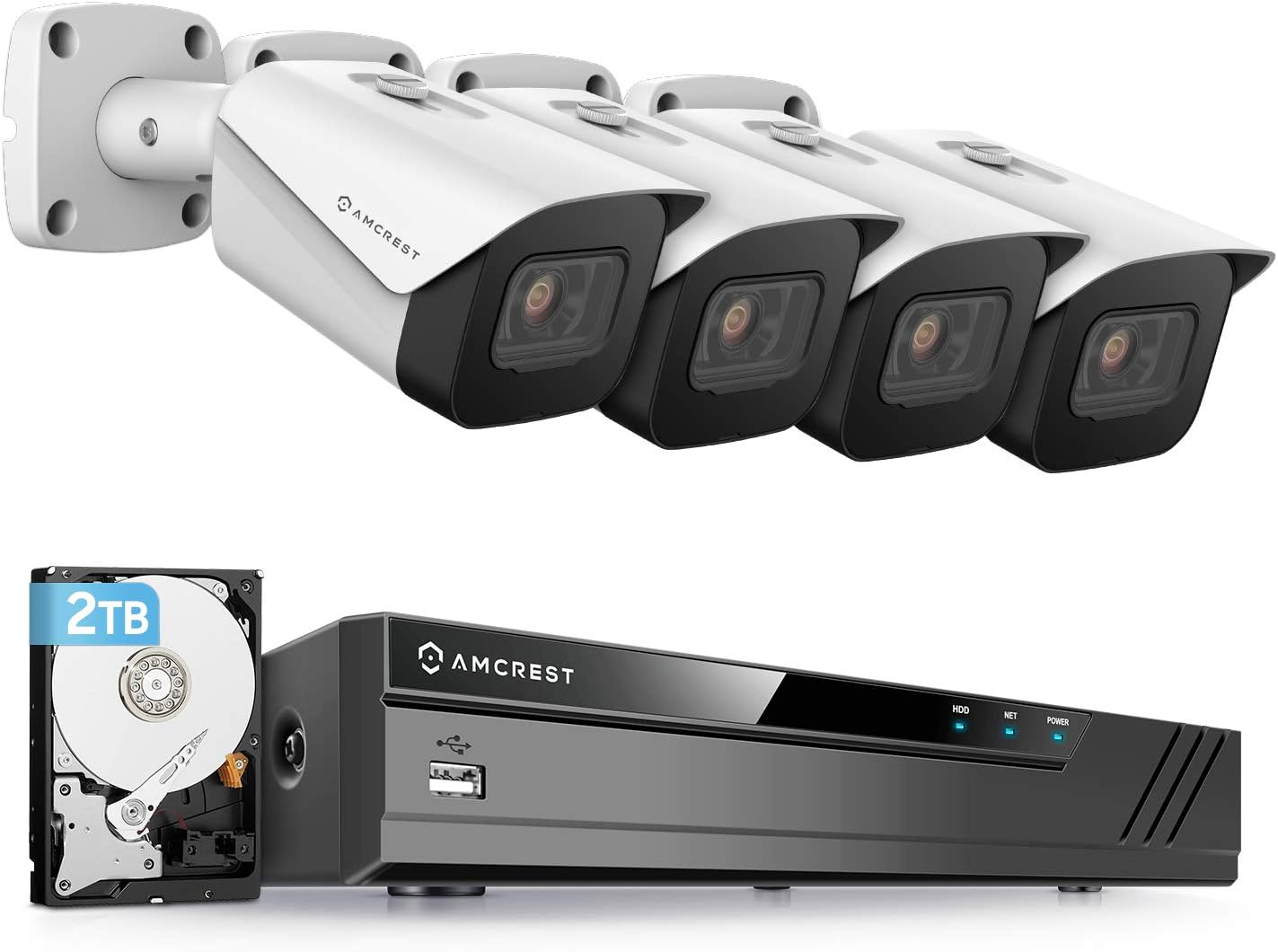 Amcrest 4K Security Camera System w/ 4K (8MP) 8CH PoE NVR, (4) x 8-Megapixel IP67 Weatherproof Metal Bullet POE IP Cameras, Pre-Installed 2TB Hard Drive, NV4108E-IP8M-2496EW4-2TB (White)