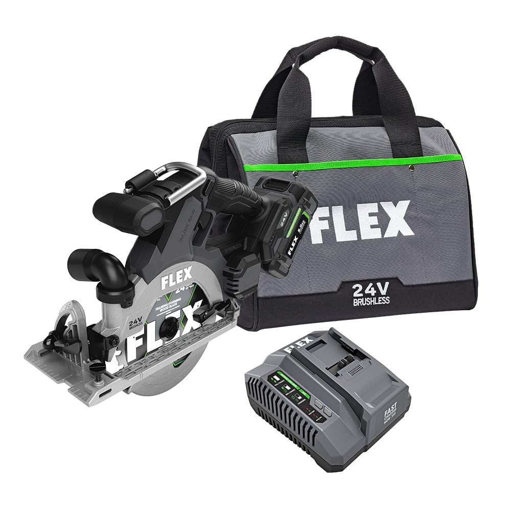 FLEX 24V Brushless Cordless 6-1/2-Inch In-Line Circular Saw Kit with 5.0Ah Lithium Battery and 160W Fast Charger - FX2131A-1C