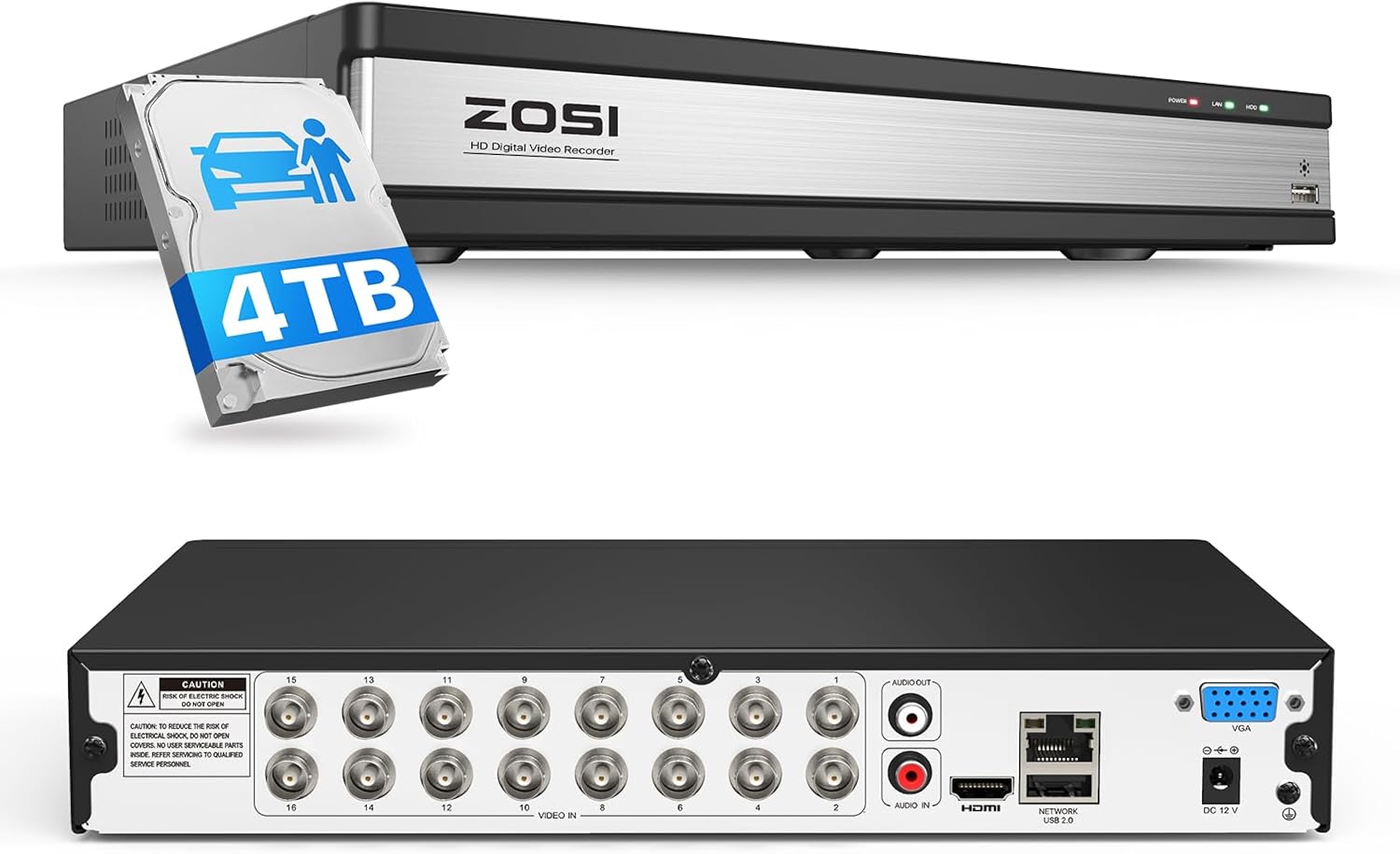 ZOSI 1080P H.265+ 16 Channel Video Security DVR Recorder with AI Human/Vehicle Detection,16CH Hybrid 4-in-1 CCTV DVR with 4TB HDD for Home Surveillance Camera System,Remote Access,24/7 Recording