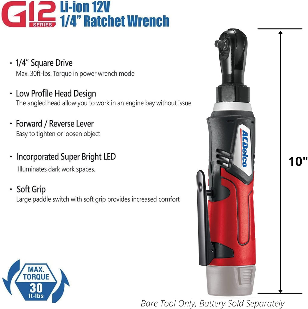 ACDelco G12 Series 12V Cordless Ratchet Combo Kit, 3/8' (45 ft-lbs) & 1/4' (30 ft-lbs), Electric Ratchet Wrench with (1) Li-ion Battery and Charger, 240 RPM, 2-Tool Set with Canvas Bag, ARW1209-K9