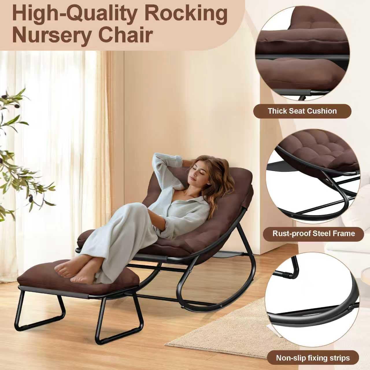 Outdoor and Indoor Rocking Chairs, Comfy Patio Chair, Rocking Chair with Ottoman and Sturdy Metal Frame, Balcony Chairs with Thickened Cushion, Silla Mecedora for Patio Porch Garden Living (Brown)