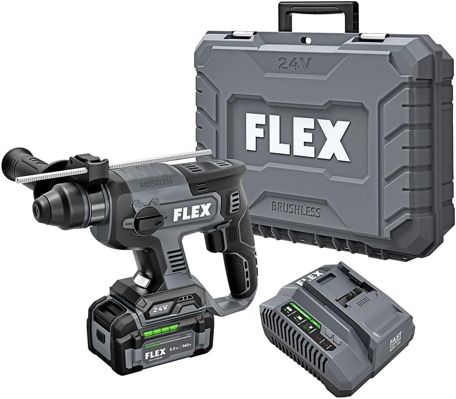 FLEX 24V Brushless Cordless 7/8-Inch SDS Plus 1.3 Ft-Lbs Torque Rotary Hammer Kit with 5.0Ah Lithium Battery and 160W Fast Charger - FX1531-1C, Grey/Black