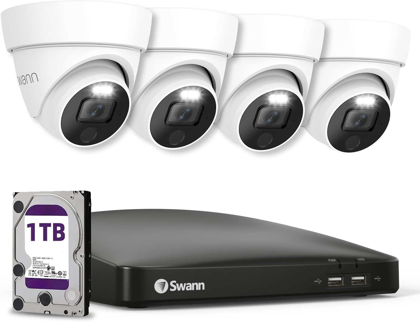 Swann 4K UHD Wired Security Camera System, 8 Channel DVR, 4 Outdoor Dome Cameras, Person & Vehicle Detection, Color Night Vision, 1TB Hard Drive, 24/7 Continuous Recording, Weatherproof,8588041D1TB