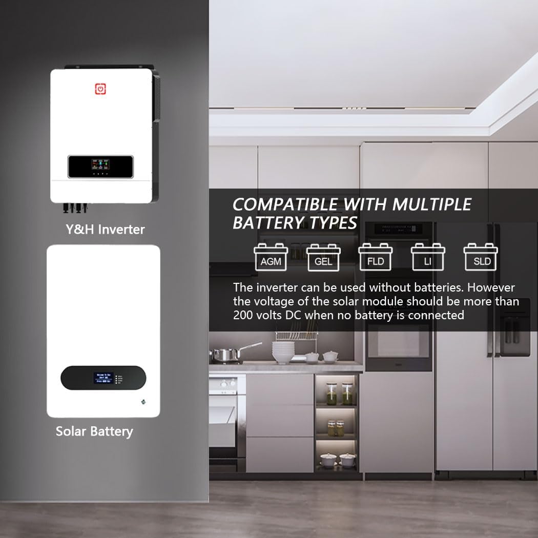 Y&H 10.2KW On/Off Grid Solar Hybrid Inverter Built-in 160A Charge Controller PV Max 500V Input DC48V to AC230V Pure Sine Wave Inverter for Home Energy Storage RV Shed Off-Grid System